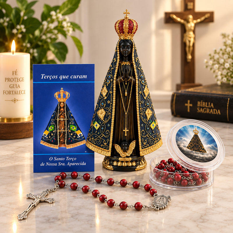 Kit Nossa Senhora Aparecida Completo com Imagem 40cm, Terço e Folheto de Oração Católico