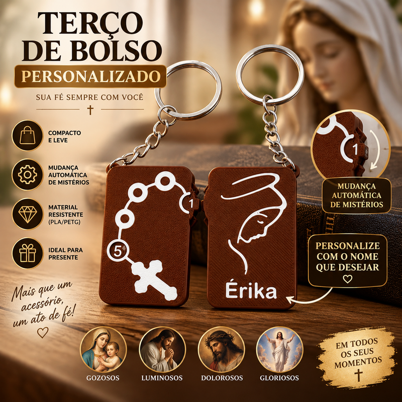 Terço de Bolso Personalizado com Nome – Chaveiro Católico